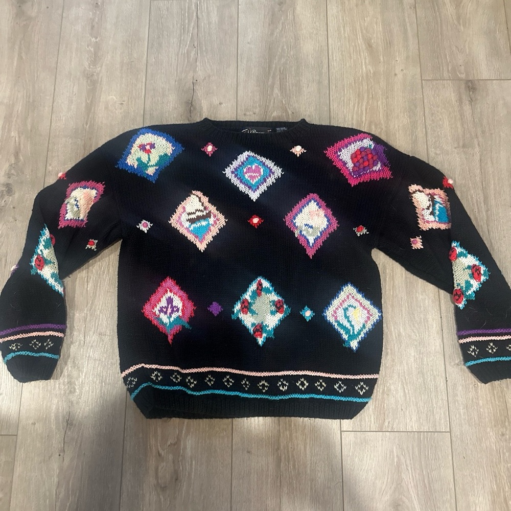 Retro JJ Browne Vintage Multicolor Knit Sweater Flowers Geometric Size Large